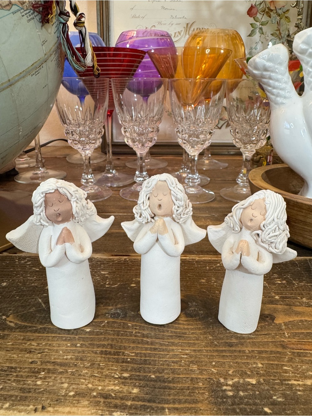 Vintage Set of 3 White Praying Angel Figurines “Spaghetti Style” pottery